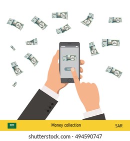 Mobile banking concept. Riyal banknote. Transferring Money vector illustration