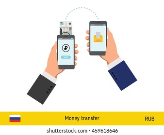 Mobile banking concept. Ruble banknote. Transferring Money vector illustration