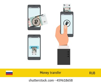 Mobile banking concept. Ruble banknote. Transferring Money vector illustration