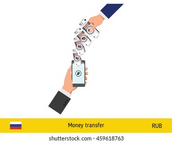 Mobile banking concept. Ruble banknote. Transferring Money vector illustration