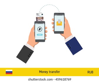 Mobile banking concept. Ruble banknote. Transferring Money vector illustration