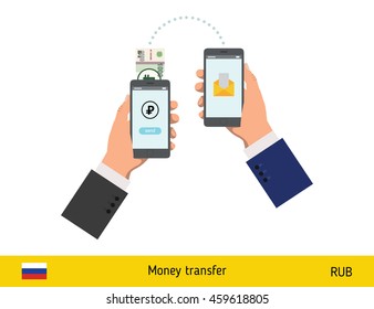Mobile banking concept. Ruble banknote. Transferring Money vector illustration