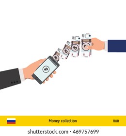 Mobile banking concept. Ruble banknote. Transferring Money vector illustration