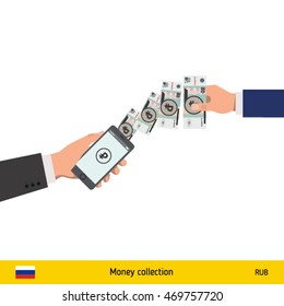 Mobile banking concept. Ruble banknote. Transferring Money vector illustration