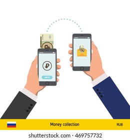 Mobile banking concept. Ruble banknote. Transferring Money vector illustration