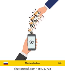 Mobile banking concept. Ruble banknote. Transferring Money vector illustration