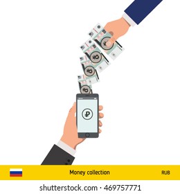 Mobile banking concept. Ruble banknote. Transferring Money vector illustration