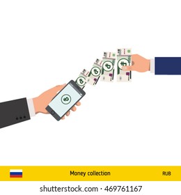 Mobile banking concept. Ruble banknote. Transferring Money vector illustration
