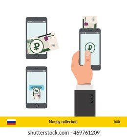 Mobile banking concept. Ruble banknote. Transferring Money vector illustration