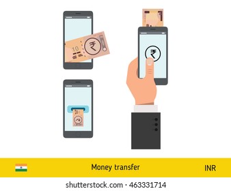 Mobile banking concept. Rupee banknote. Transferring Money vector illustration