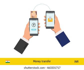 Mobile banking concept. Rupee banknote. Transferring Money vector illustration