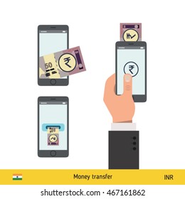 Mobile banking concept. Rupee banknote. Transferring Money vector illustration