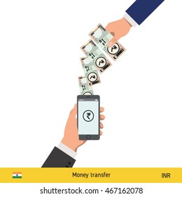 Mobile banking concept. Rupee banknote. Transferring Money vector illustration