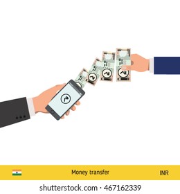 Mobile banking concept. Rupee banknote. Transferring Money vector illustration