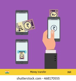 Mobile banking concept. Rupee banknote. Transferring Money vector illustration