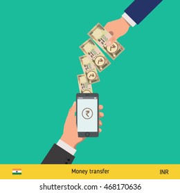 Mobile banking concept. Rupee banknote. Transferring Money vector illustration