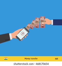 Mobile banking concept. Rupee banknote. Transferring Money vector illustration
