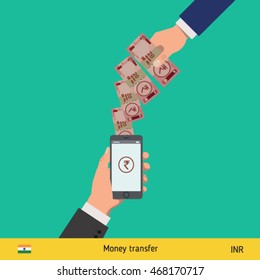Mobile banking concept. Rupee banknote. Transferring Money vector illustration