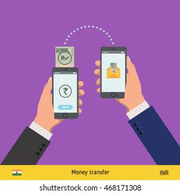Mobile banking concept. Rupee banknote. Transferring Money vector illustration