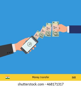 Mobile banking concept. Rupee banknote. Transferring Money vector illustration