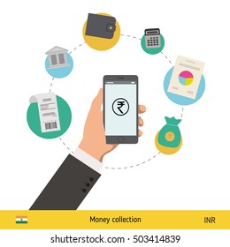 Mobile Banking Concept. Rupee Banknote. Transferring Money Vector Illustration