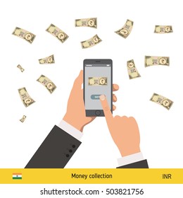 Mobile Banking Concept. Rupee Banknote. Transferring Money Vector Illustration