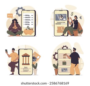 Mobile banking concept scenes set in flat web design. People in situations of managing credit cards and financial accounts, making transactions, sending money in application. Vector illustrations.