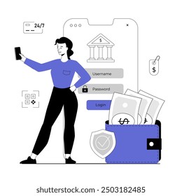 Mobile banking concept. Secure online payment. Woman gets access with password to mobile banking for paying. Vector illustration with line people for web design.	