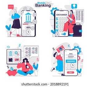 Conjunto de conceptos de banca móvil. Servicios en línea para intercambio, transacción, contabilidad. La gente aisló escenas en diseño plano. Ilustración vectorial para blogs, sitio web, aplicación móvil, materiales promocionales.