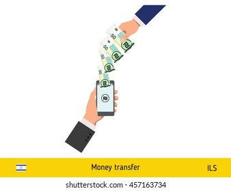 Mobile banking concept. Shekel banknote. Transferring Money vector illustration