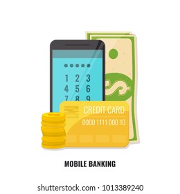 Mobile banking concept. Smartphone with cash and credit card.