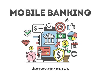 Mobile banking concept. Smartphone, target, dollar and other icons. E-commerce and shopping. Wireless transaction. White background.