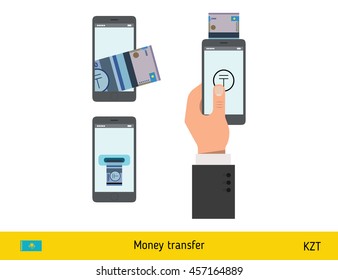 Mobile banking concept. Tenge banknote. Transferring Money vector illustration