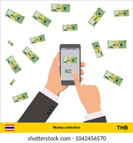 Mobile banking concept.  Thai baht banknote. Transferring Money vector illustration