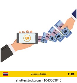 Mobile banking concept. Thai baht banknote. Transferring Money vector illustration