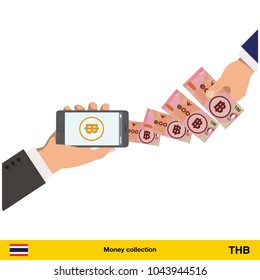 Mobile banking concept. Thai baht banknote. Transferring Money vector illustration


