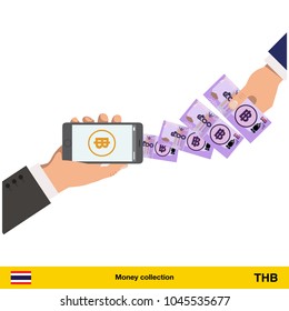 Mobile banking concept. Thai baht banknote. Transferring Money vector illustration