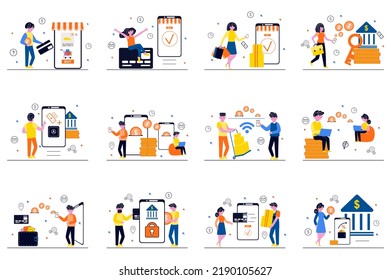 Concepto de banca móvil con escenas de gente pequeñita ambientadas en diseño plano. Un grupo de hombres y mujeres administran dinero en cuentas personales en app, haciendo pagos en línea y transacciones. Ilustración vectorial para web