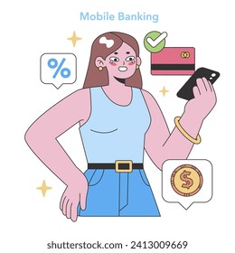 Mobile Banking concept. A user engages with finance management on a smartphone, signifying ease and accessibility. Intuitive financial solutions. Flat vector illustration