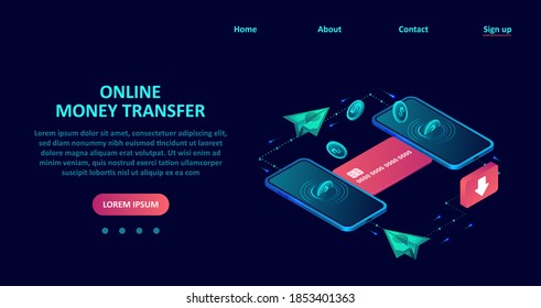 Concepto de banca móvil. Vector de dinero transferido de una cartera digital a otra a través de una aplicación para smartphones