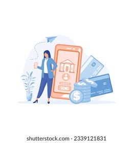 Mobile banking concept. Woman pays for purchases or sends money using smartphone app. Financial account service online.  flat vector modern illustration