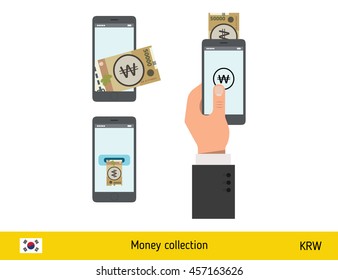 Mobile banking concept. Won banknote. Transferring Money vector illustration