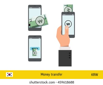 Mobile banking concept. Won banknote. Transferring Money vector illustration
