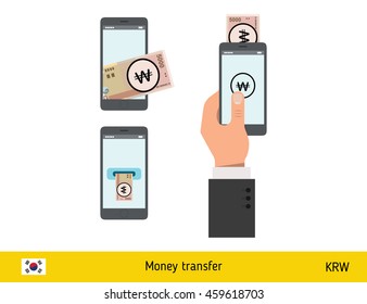 Mobile banking concept. Won banknote. Transferring Money vector illustration