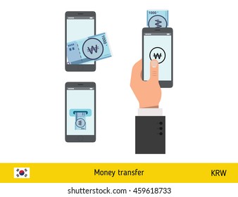Mobile banking concept. Won banknote. Transferring Money vector illustration