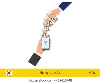 Mobile banking concept. Won banknote. Transferring Money vector illustration