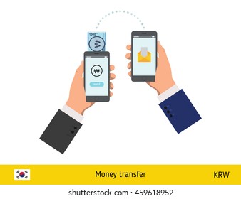 Mobile banking concept. Won banknote. Transferring Money vector illustration