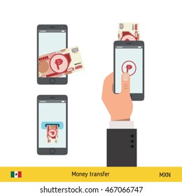 Mobile banking concept. Won banknote. Transferring Money vector illustration