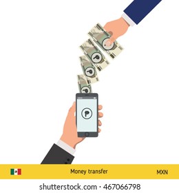 Mobile banking concept. Won banknote. Transferring Money vector illustration