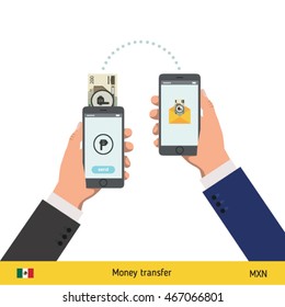 Mobile banking concept. Won banknote. Transferring Money vector illustration